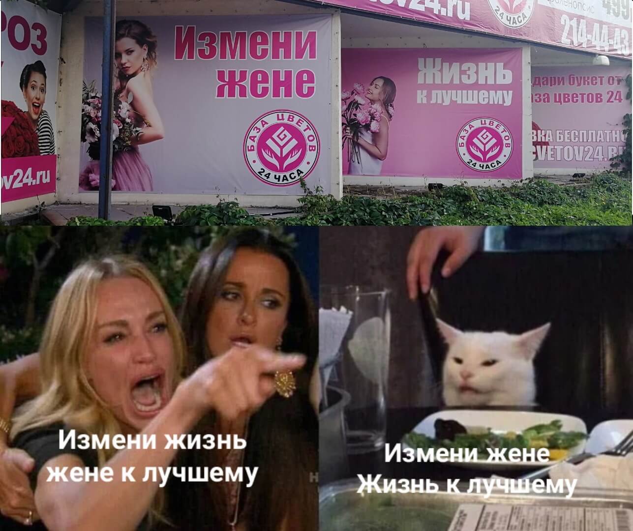 мем с орущей женщиной и котом "Измени жене"